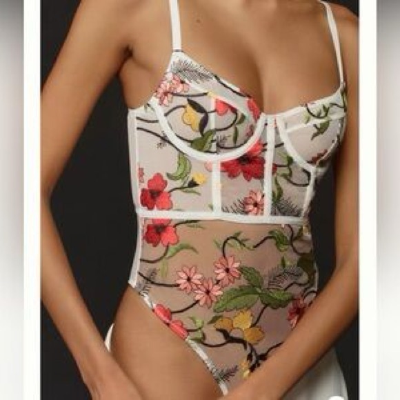 New LYREBIRD By Anthropologie Floral Mesh Embroidered Bodysuit Shaper Sz XL - Picture 4 of 11